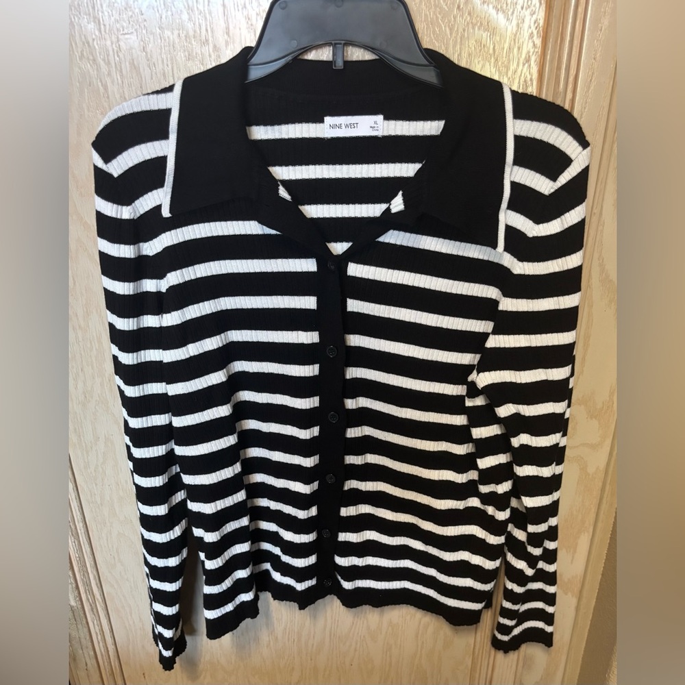 Nine West Women's Black and White Striped‎ Button Up Cardigan